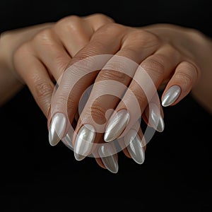 Female hands with beige nail design. Nail polish manicure. Female hands with white manicure