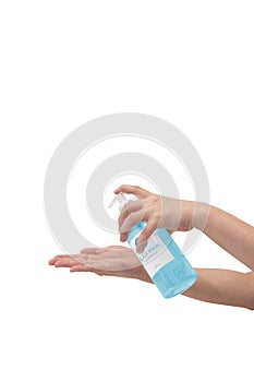 Female hands with blue alcohol gel sanitizer isolate on white background. Hygiene concept. prevent the spread of germs and