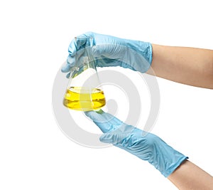 Female hands in a blue rubber glove holds a flask of yellow medicine on white background isolate