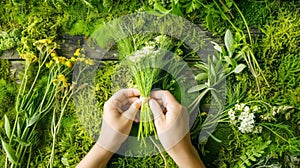 Female hands carefully selected and prepare remedy herbs on natural backdrop