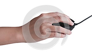 Female hands clicking computer mouse isolated on white background