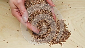 Female hands close-up holding a handful of red Uzbek rice. The figure slowly pours.