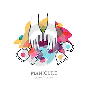 Female hands on color nail polish splash background. Vector logo, label, emblem design elements.