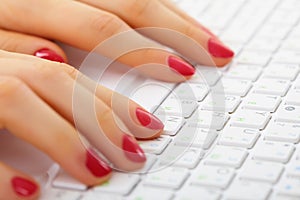 Female hands on computer keyboard - typing photo