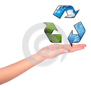 Female hands and conceptual recycling symbol