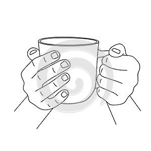 Female hands cozy holding large cup with tea or coffee. Sketch, linear drawing. Beautiful hand holding mug with hot beverage