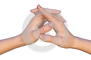 Female hands with crossed thumbs and interlaced fingers photo