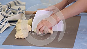 Female hands cut with a scrapper a kneaded dough