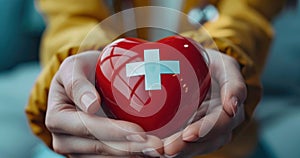 female hands delicately hold a red heart with a white cross on it, Red Cross day, banner