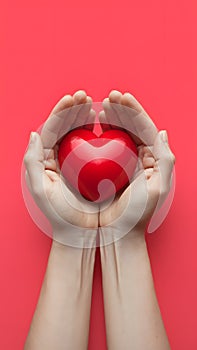 Female hands delicately holding red heart, ideal for Valentines Day