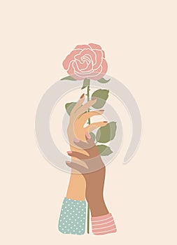 Female hands of different colors hold a rose flower.Vector flower illustration for festive design,prints,greeting cards.For a