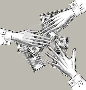 Una mujer manos dividir dinero en 100 dolares Banco partitura 