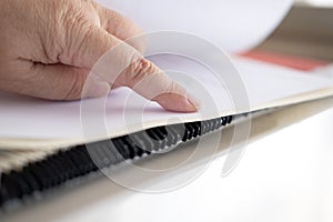 female hands through folders In Document Storage close-up, Home Archive, Record Keeping, Information Retrieval, File Organization