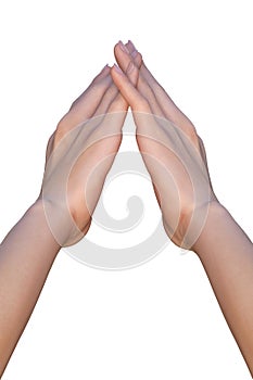 Female hands are forming a triangle shape by touching fingers