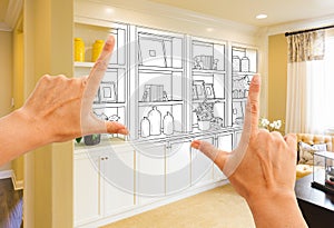 Female Hands Framing Custom Built-in Shelves and Cabinets Design Drawing with Section of Finished Photo.