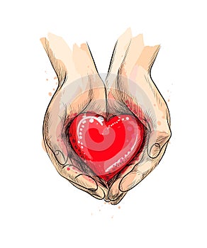 Female hands giving red heart from a splash of watercolor