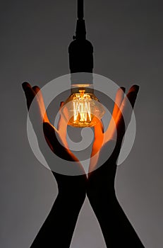 Female hands with glowing light bulb on grey background