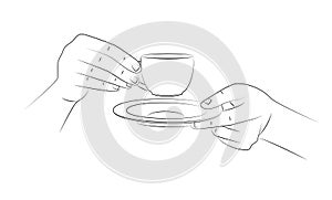 Female hands in a graceful gesture hold a small coffee cup and saucer. Sketch. Beautiful hand holding mug with hot beverage