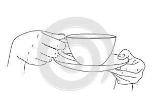 Female hands gracefully hold cup of tea or coffee and saucer. Sketch, linear drawing. Morning cup of coffee. Elegant tea pair