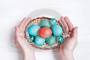 Female hands hold a basket of bright Easter eggs decorated with spring flowers on a white wooden surface top view.