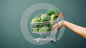 Female hands hold little shopping trolley full of green vegetables broccoli and cabbage on green background with copy