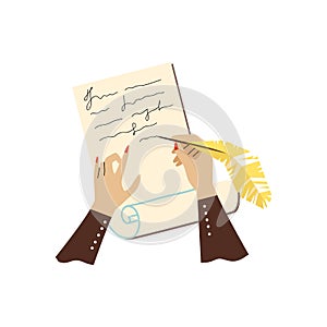 Female hands hold a pen and writes letter on paper sheet a vector illustration