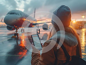 female hands hold phone, buying airplane ticket on a smartphone app at airport, application airlines on screen