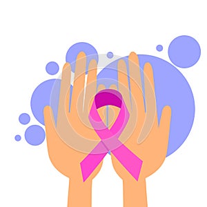 Female Hands Hold Pink Ribbon Breast Cancer