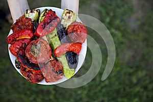 Female hands hold plate of grilled seasonal veggies, top view. From above.