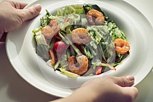 Female hands hold a plate with shrimp salad. The concept of eating and healthy lifestyles