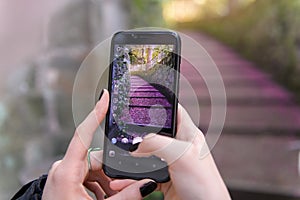 Female hands hold a smartphone, photographs a beautiful staircase