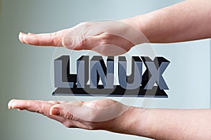 Female hands hold the word LINUX on a light background