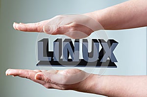 Female hands hold the word LINUX on a light background photo