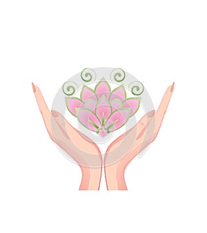 Female hands holding a beautiful pink lotus flower