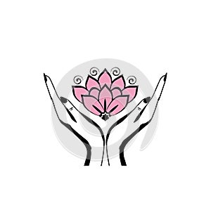 Female hands holding a beautiful pink lotus flower for logo design