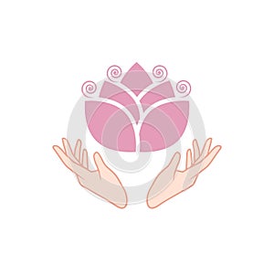 Female hands holding a beautiful pink lotus icon isolated on white background