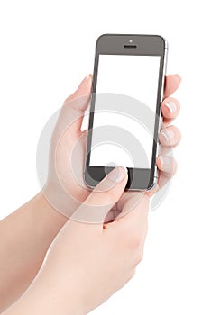 Female hands holding black modern smart phone and pressing button by the thumb