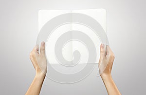 Female hands holding a blank white notebook