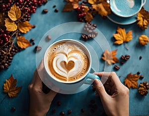 Female hands holding a cup of coffee with foam. Autumn seasone. Ai