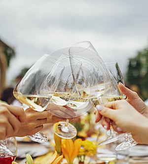 Female hands holding elegant glasses with long stem of champagne and and clink them on the background of a table with snacks and