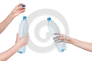 Female hands holding empty plastic bottle isolated on white. Recyclable waste. Recycling, reuse, garbage disposal, resources, envi