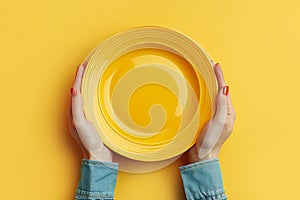 Female hands holding an empty plate on yellow background, top view.