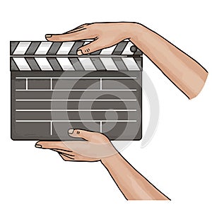 Female hands holding a film clapper black board isolated on white background. Blank movie clapper cinema vector