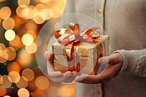 Female hands holding gift box with christmas lights background. Copy space. Winter new year card.