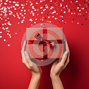 Female hands holding a gift box on a red background with confetti. Top view.