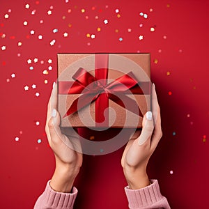 Female hands holding a gift box on a red background with confetti. Top view.