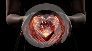 Female hands holding a glowing heart on black background. 3d rendering