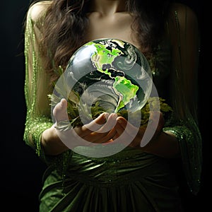 female hands holding a green model of the planet Earth. Saving our planet. Earth Day. Respect for nature. Ecological catastrophy.