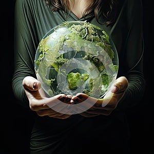 female hands holding a green model of the planet Earth. Saving our planet. Earth Day. Respect for nature. Ecological catastrophy.