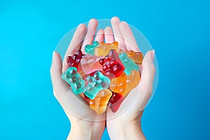 Female hands holding a handful of Multi-colored cbd gummy bears on a blue background. View from above